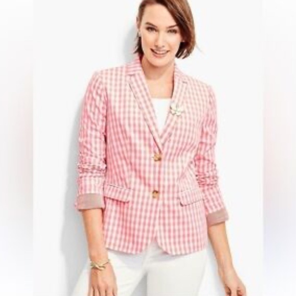 Women's Talbots Pink Gingham Check Blazer Jacket Size 16W plus size - Picture 1 of 9